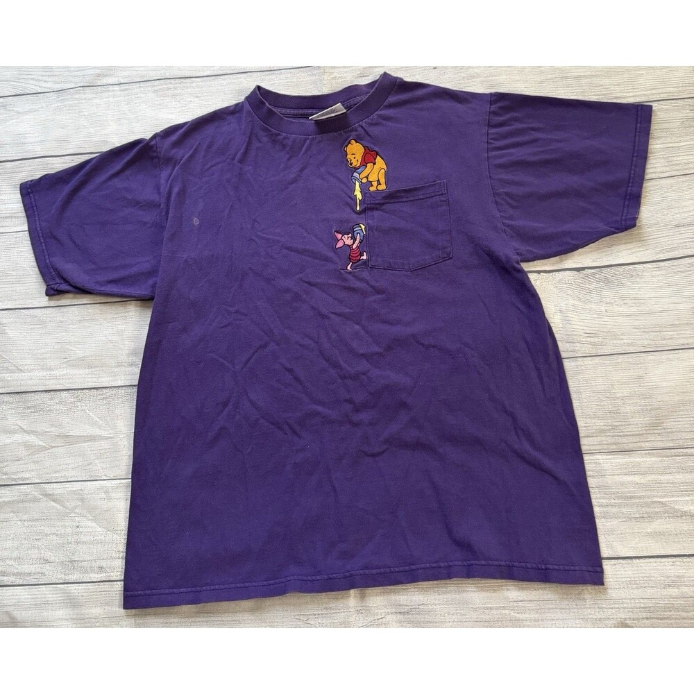 Vintage Winnie The Pooh Piglet Purple Embroidered Pocket T Shirt Large Defect